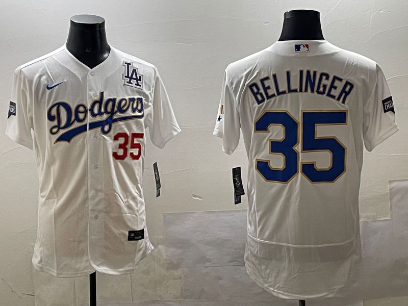 Men Los Angeles Dodgers #35 Bellinger White Gold Elite 2025 Nike MLB Jersey style 6